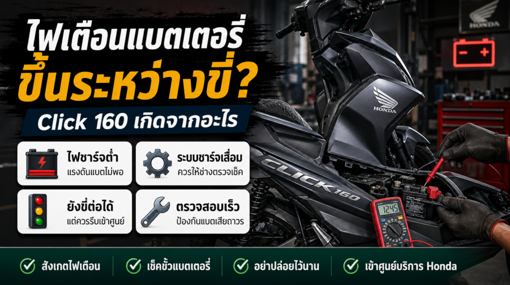 อินโฟกราฟิกไฟเตือนแบตเตอรี่ Honda Click 160 ขึ้นระหว่างขี่