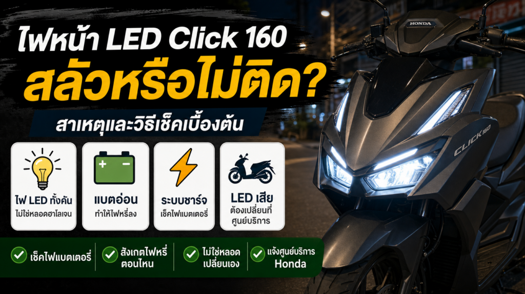 อินโฟกราฟิกไฟหน้า LED Honda Click 160 สลัวหรือไม่ติด สาเหตุ