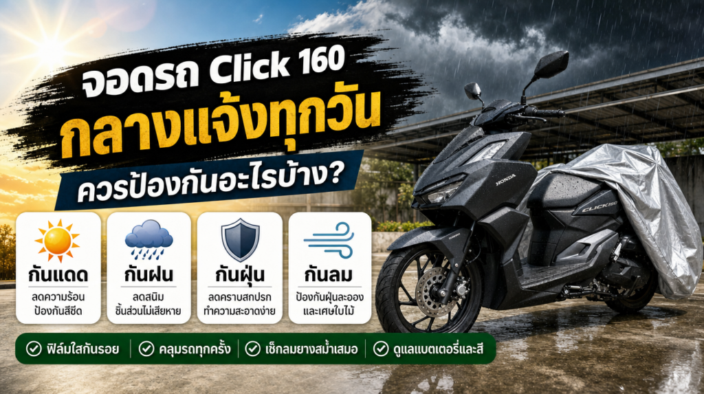 อินโฟกราฟิกจอดรถ Honda Click 160 กลางแจ้งทุกวัน ควรป้องกันอะไรบ้าง