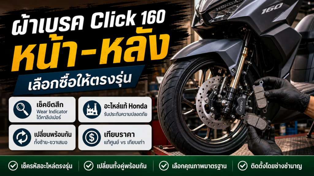 อินโฟกราฟิกผ้าเบรค Honda Click 160 หน้า-หลัง เลือกซื้อให้ตรงรุ่น