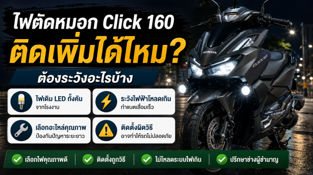 อินโฟกราฟิกไฟตัดหมอก Honda Click 160 ติดเพิ่มได้ไหม ข้อควรระวัง