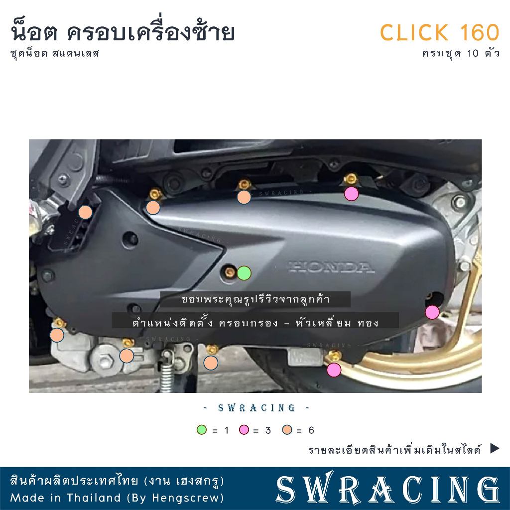 CLICK160 น็อตเลส ฝาครอบเครื่องด้านซ้าย ครบชุด 10 ตัว น็อตสแตนเลส ราคาขายต่อ 1 ชุด งานเฮงสกรู